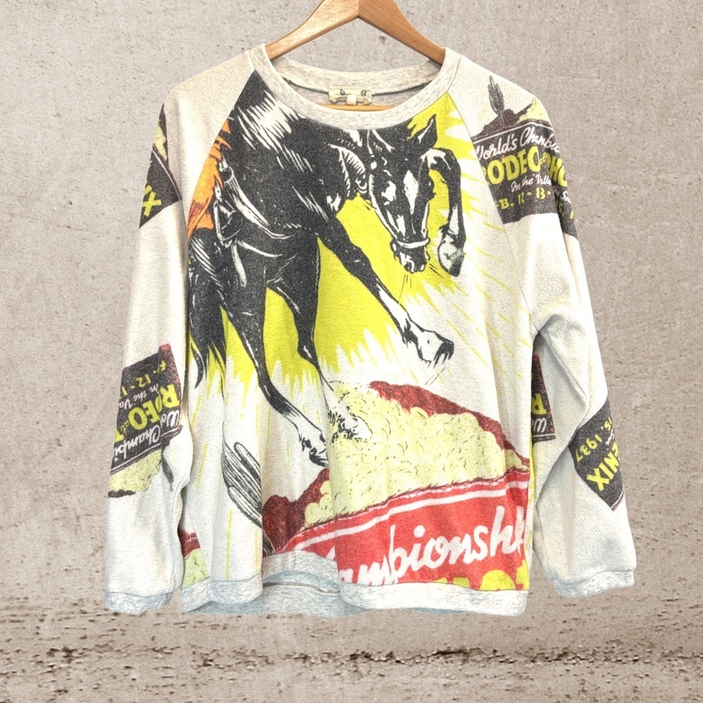 Red and Yellow Crew Neck Sweater with Bold Graphic Design